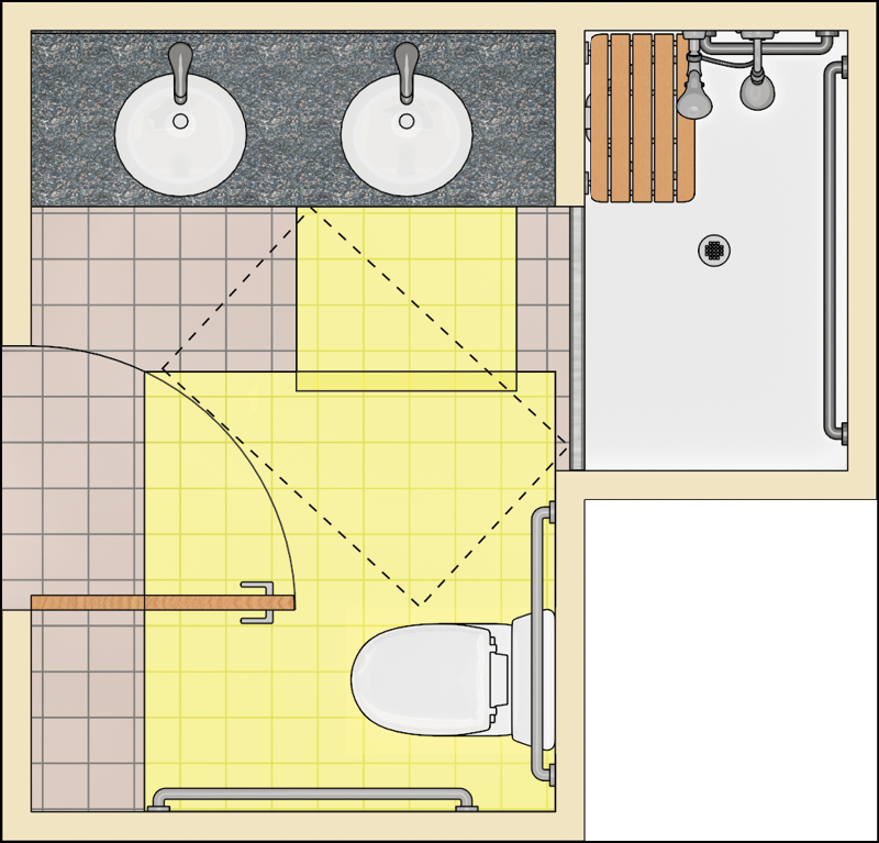 Bathroom with alternate roll-in shower and clearances shown at one
lavatory and the water closet. The door swings into the water closet
clearance. Unobstructed clear floor space is provided beyond the swing
of the door. This space overlaps the fixture clearances.