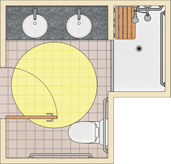 Bathroom with alternate roll-in shower and circular turning space shown in front of the door (which swings into it).