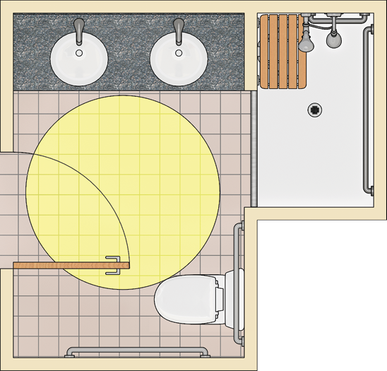 Bathroom with alternate roll-in shower and circular turning space
shown in front of the door (which swings into it).