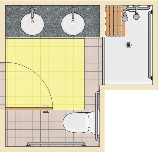 Bathroom with alternate roll-in shower and door maneuvering clearance shown.  No fixture overlaps the door maneuvering clearance.