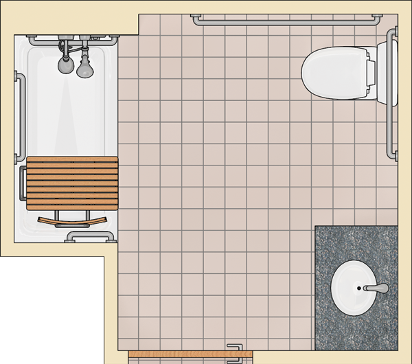 Bathroom  with a located in the front wall.  The tub is in one back corner opposite the water closet which is in the other back corner. The lavatory is the front corner on the same wall as the water closet,