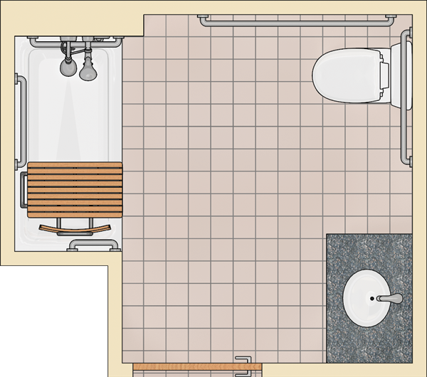 Bathroom with a located in the front wall. The tub is in one back
corner opposite the water closet which is in the other back corner. The
lavatory is the front corner on the same wall as the water
closet,