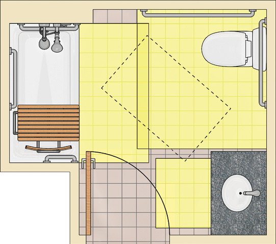 Bathroom with tub with clearances at tub, water closet, and lavatory highlighted.  The door swings into the tub and lavatory clearances.  Unobstructed wheelchair space is provided beyond the swing of the door.