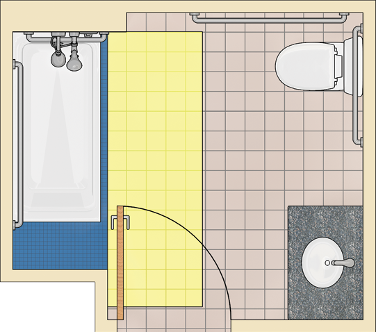 Bathroom with same layout but with a tub that has a permanent seat.
The tub clearance, which extends a foot beyond the seat wall, is
shown.