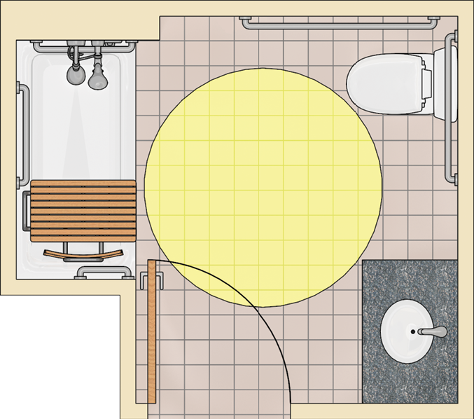 Bathroom with tub and removable seat with turning space shown in the
middle of the room. The door swings into the turning space.