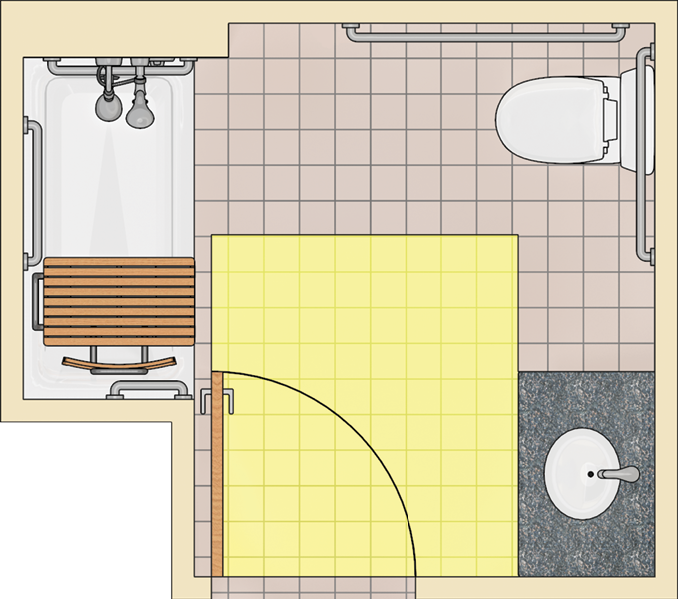 Bathroom with tub and removable seat with turning space shown in the middle of the room.  The door swings into the turning space.