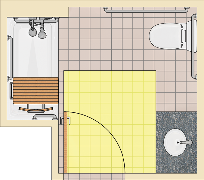 Bathroom with tub and removable seat with turning space shown in the
middle of the room. The door swings into the turning
space.