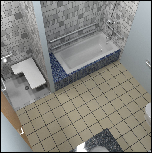 Bathroom with transfer shower, tub with permanent seat, water closet, and lavatory.