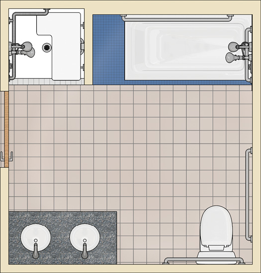 The transfer shower and tub are next to each other on one wall.  A water closet and adjacent counter with two lavatories are opposite the shower and tub.  A door is located on a side wall between the shower and lavatories.