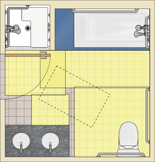 Bathroom with transfer shower and tub with fixture clearances shown.  Most partially overlap.  The door swings into the shower and tub clearances.  An unobstructed clear floor space is provided beyond the swing of the door.