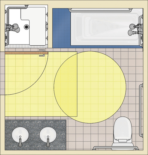 Bathroom with transfer shower and tub with door maneuvering clearance and turning space shown.  No fixture overlaps the door maneuvering clearance.