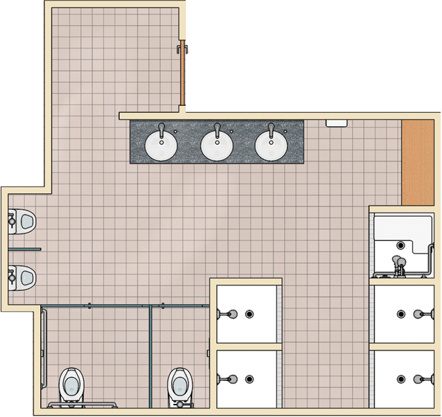 Plan view of the same multi-user shower room shown above.