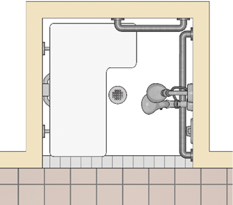 Transfer shower with split grab bars that extend to the corner of the shower.