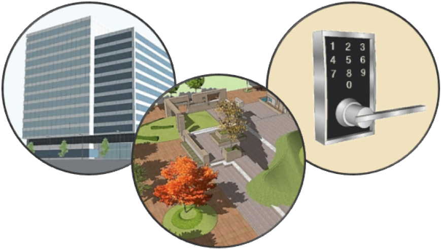 Images of office building, exterior courtyard, and door with keypad
security system