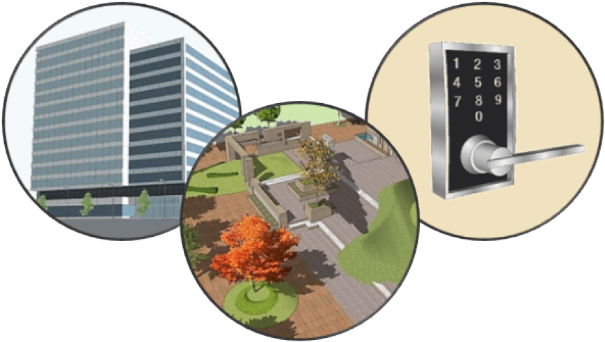 Images of office building, exterior courtyard, and door with keypad security system 