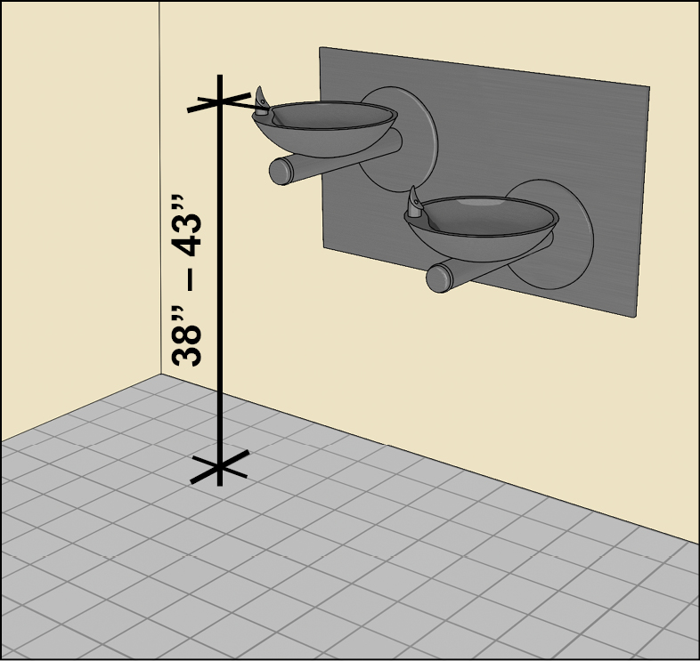 Unit with a high bowl with a spout 38 inches to 43 inches high next to a low bowl.