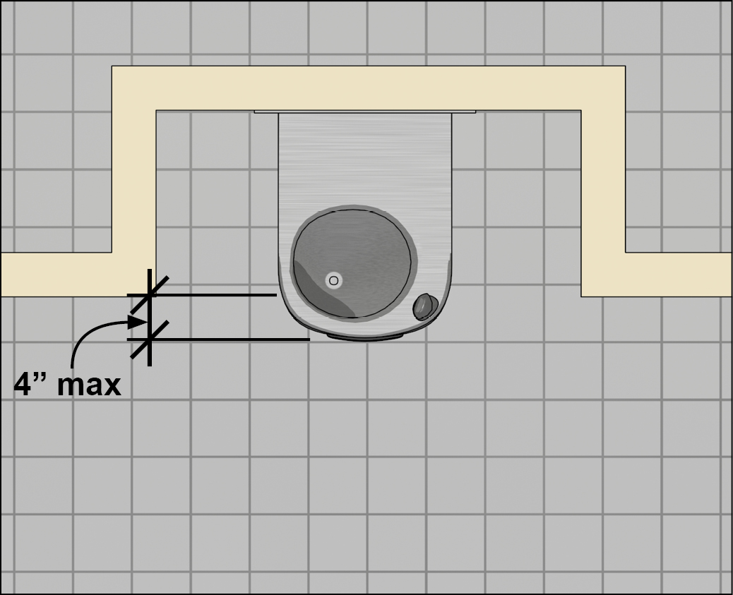 Drinking fountain in alcove (plan view) with leading edge projecting 4 inches maximum beyond recess