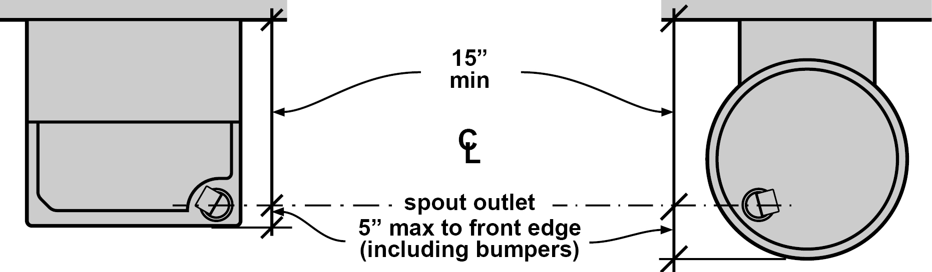 Drinking fountain with rectangular bowl with spouts 15" min. from the
vertical support and 5" max. from the unit's front edge. Drinking
fountain with round bowl with spouts 15" min. from the vertical support
and 5" max. from the unit's front edge.