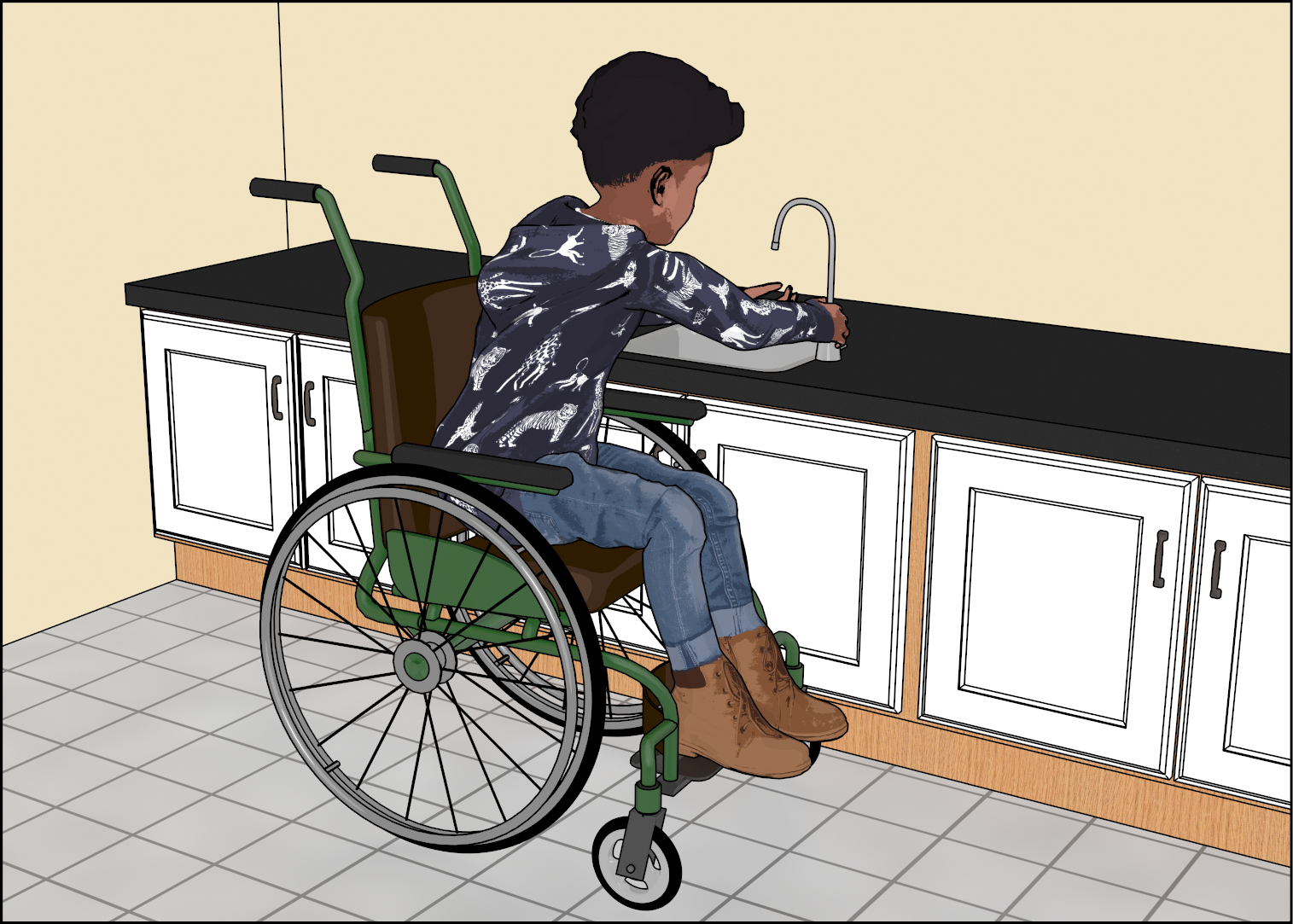 A 5-year-old child using a wheelchair is positioned for a parallel approach to a sink at counter with base cabinetry.