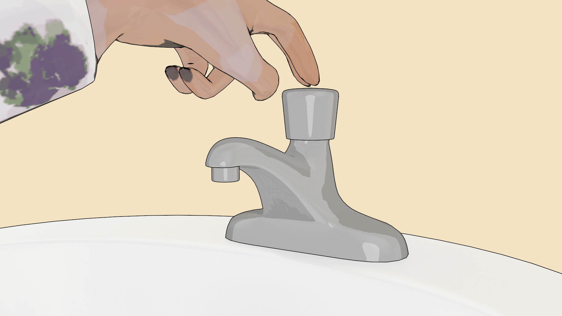 Close-up view of hand pressing a push-button metering faucet.