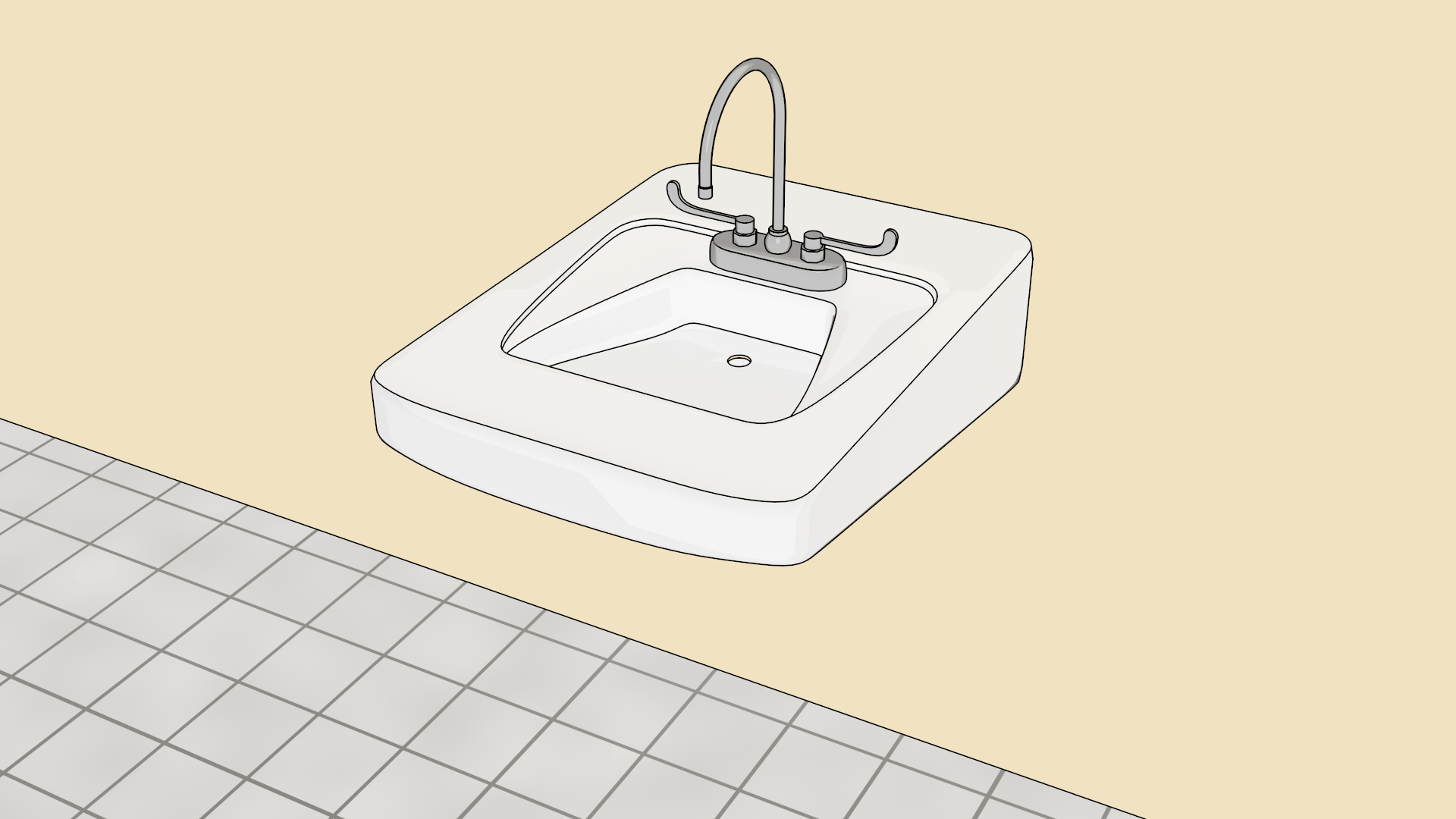 An elongated lavatory with a two-lever manual faucet.