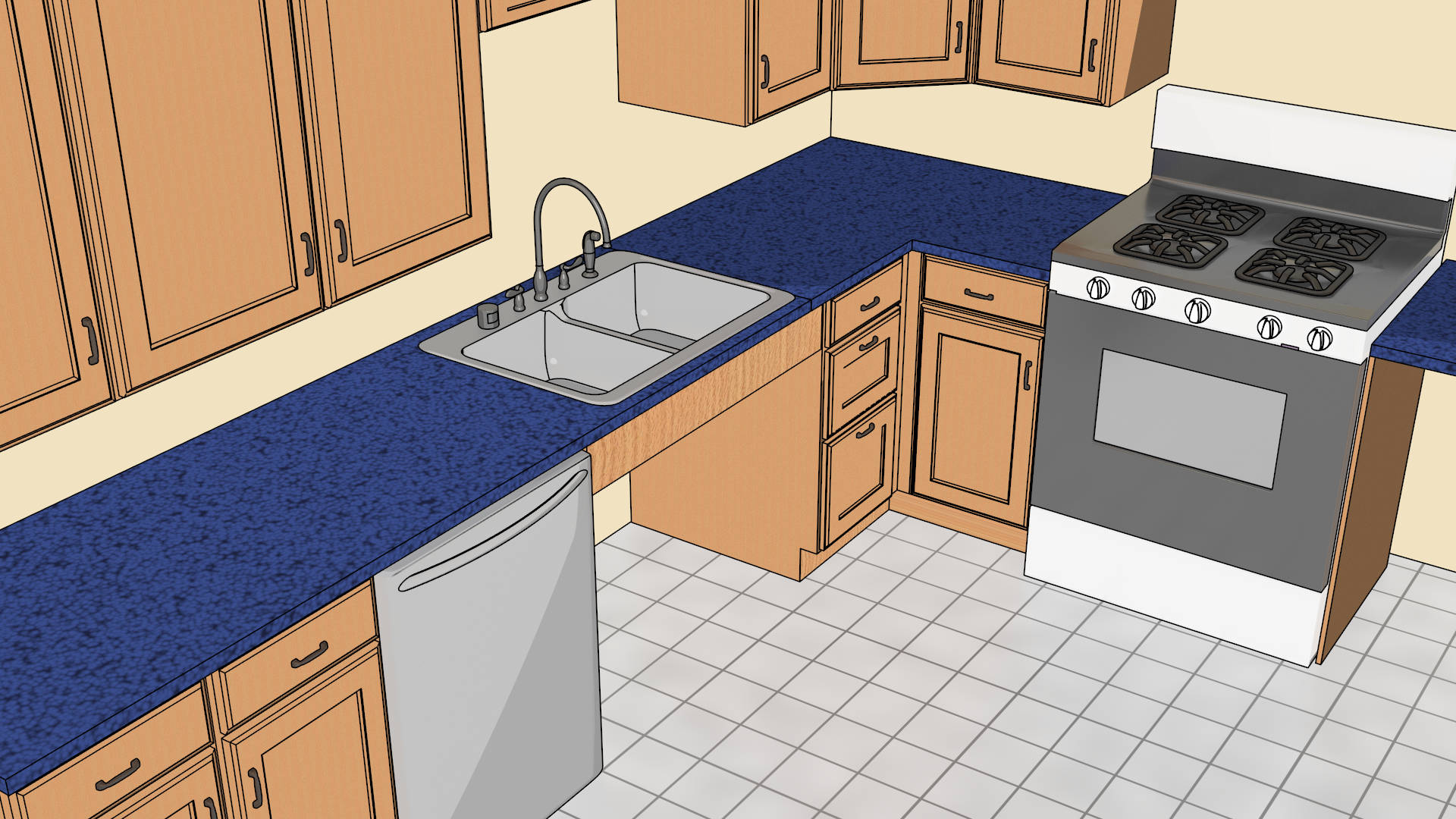 A residential dwelling unit kitchen with base cabinetry and conventional range.  Open space beneath kitchen sink provides clearance for a forward approach.