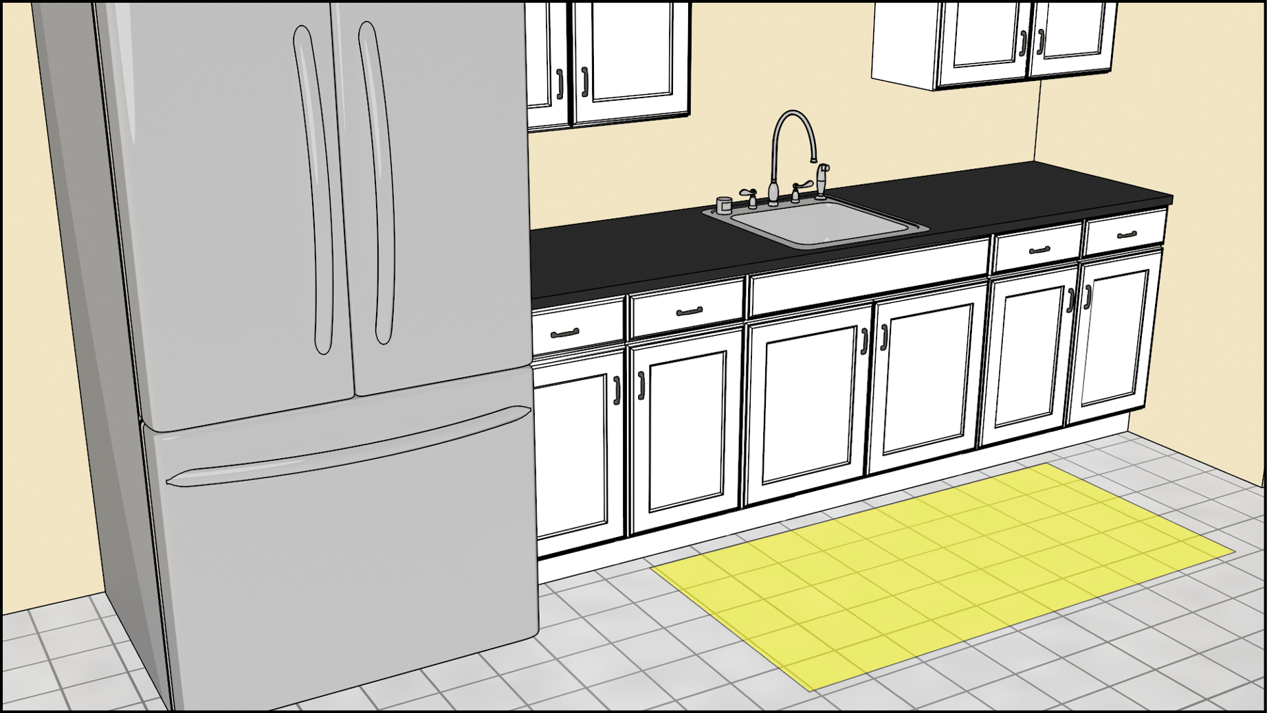 A breakroom/kitchenette with base cabinetry and no cooktop or conventional range.  Clear floor space for a parallel approach in front of the sink is highlighted.