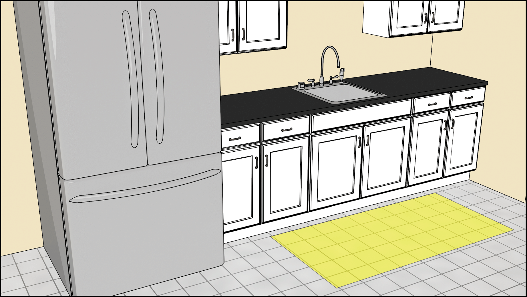 A breakroom/kitchenette with base cabinetry and no cooktop or conventional range. Clear floor space for a parallel approach in front of the sink is highlighted.