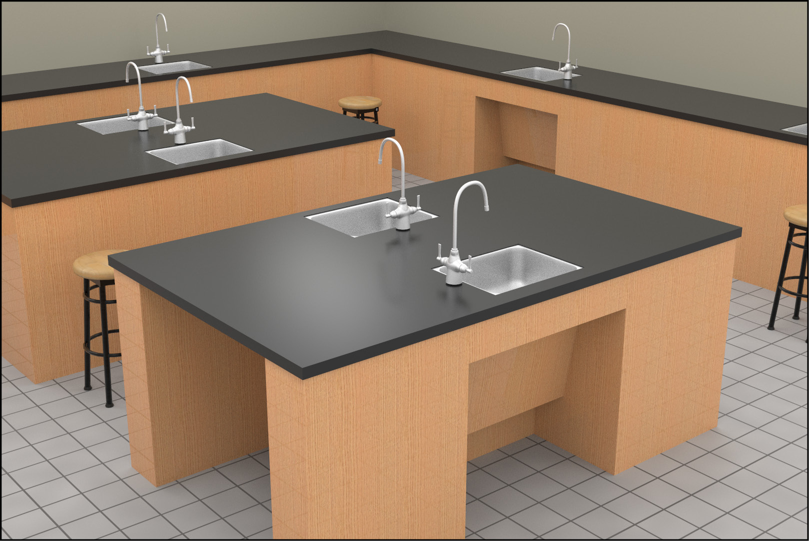 A classroom lab with individual sink stations, including sinks and work surfaces with forward approach access.
