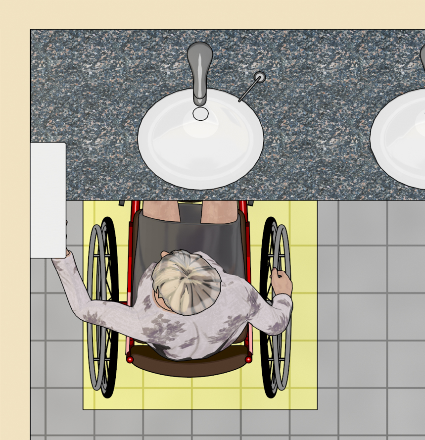 Plan view of person using wheelchair at multi-user bathroom sink and reaching for towel dispenser located on side wall, adjacent to sink, and outside highlighted clear floor space for lavatory.