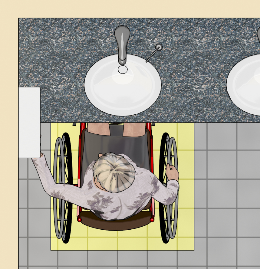 Side view of person using a wheelchair positioned for a forward approach at a sink and reaching over a deep countertop. Dimensions show 44 inches maximum reach height above obstruction (counter) if reach depth is greater than 20 inches (25 inches maximum).