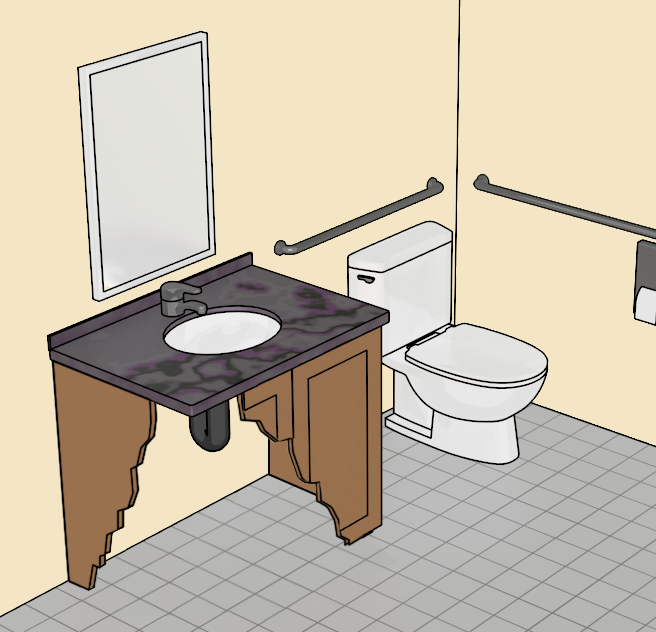 Cut-away illustration of cabinet under bathroom sink, showing tiled floor.