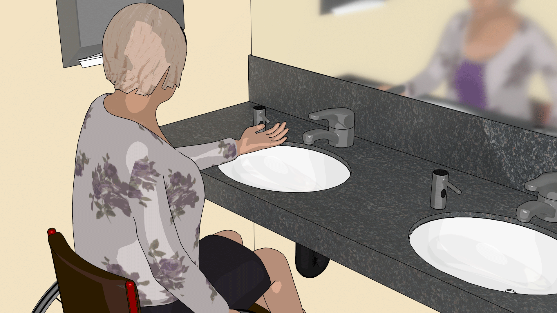 Person using a wheelchair at a sink in multi-user bathroom and operating a motion-activated soap dispenser.