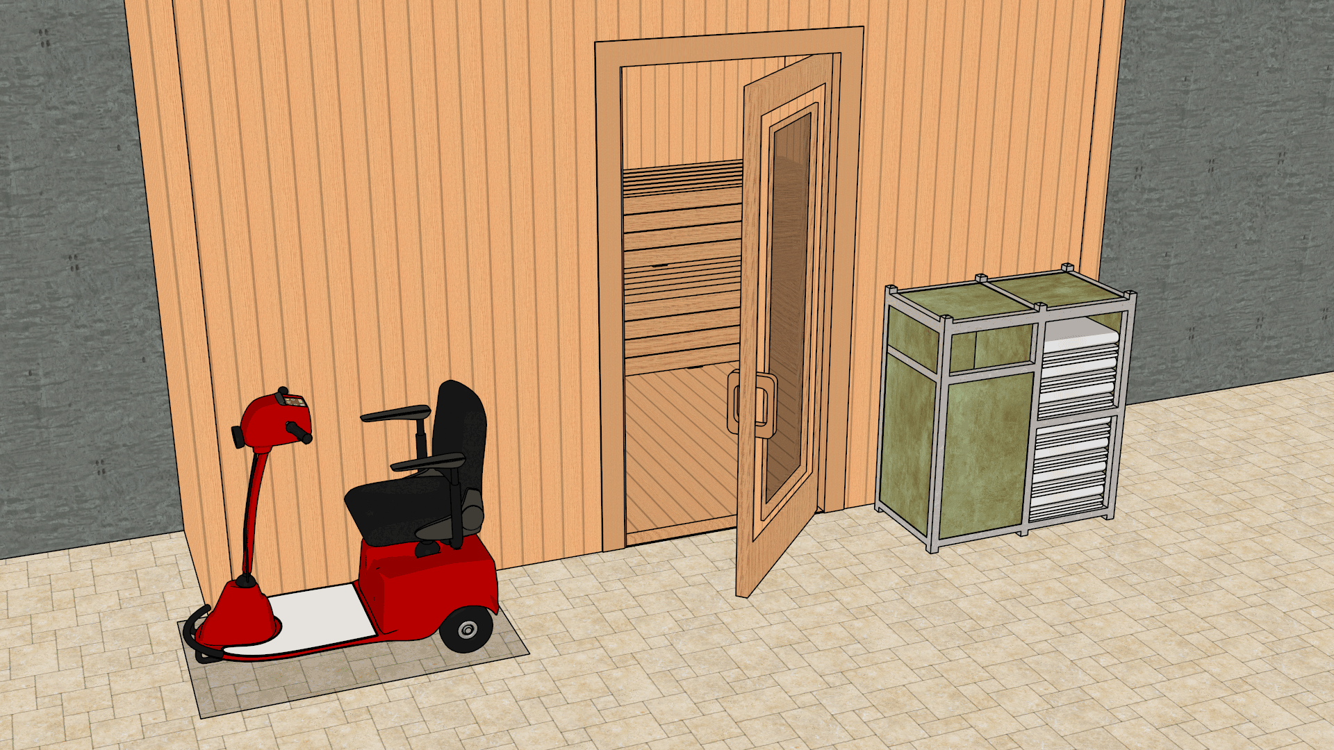 Elevated perspective view of entrance to sauna with door ajar and scooter parked to the left of the door outside of the required maneuvering space.