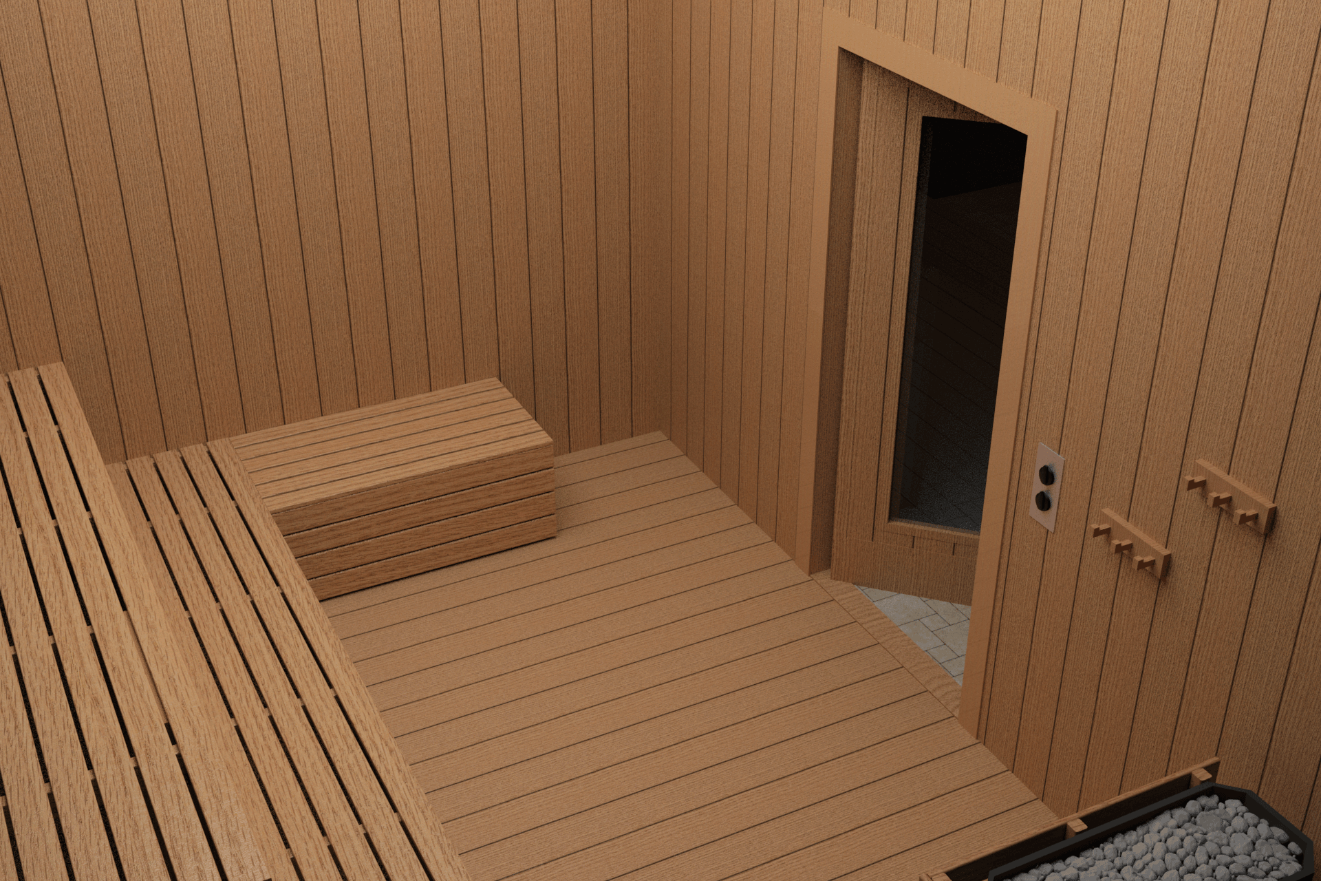 The inside of a sauna showing fixed seating, temperature controls, clothes hooks, and a door with a glazing panel.