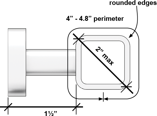 Grab bar with non-circular cross section with rounded edges and a perimeter dimension 4 inches - 4.8 inhces, a max. cross-section dimension of 2 inches, and a clearance 1 1/2 inches from the wall