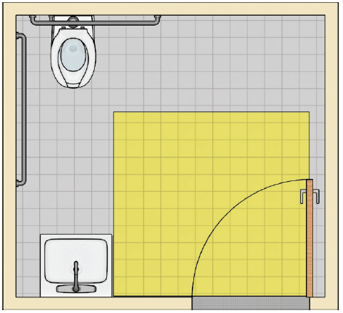 Toilet room with a water closet in a back corner and a lavatory on the front wall opposite the toilet. The door is located next to the lavatory and swings in. The lavatory does not overlap the door maneuvering clearance.