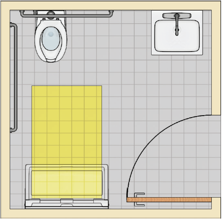 Toilet room with water closet and adjacent lavatory and a baby-changing table on the opposite wall. Clear floor space for a forward approach is shown at the table in the down position.