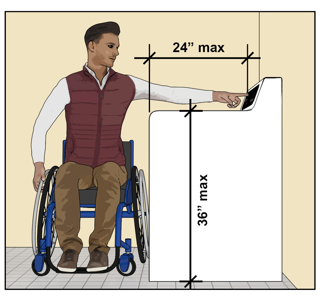 Side-Elevation view of washing machine with a person using a wheelchair positioned for a parallel approach at a top-loading washer and reaching to use rear controls.