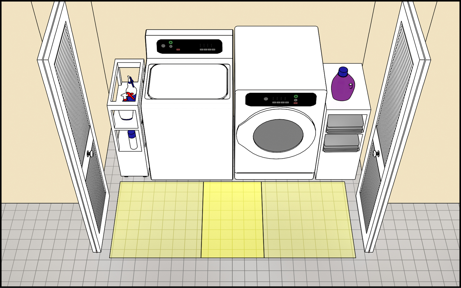 Elevated perspective view of washers and dryers in recessed area with open bifold doors.  A clear floor space is centered at each appliance, and the two clear floor spaces partially overlap in the center.  The opened doors are located outside of both clear floor spaces.