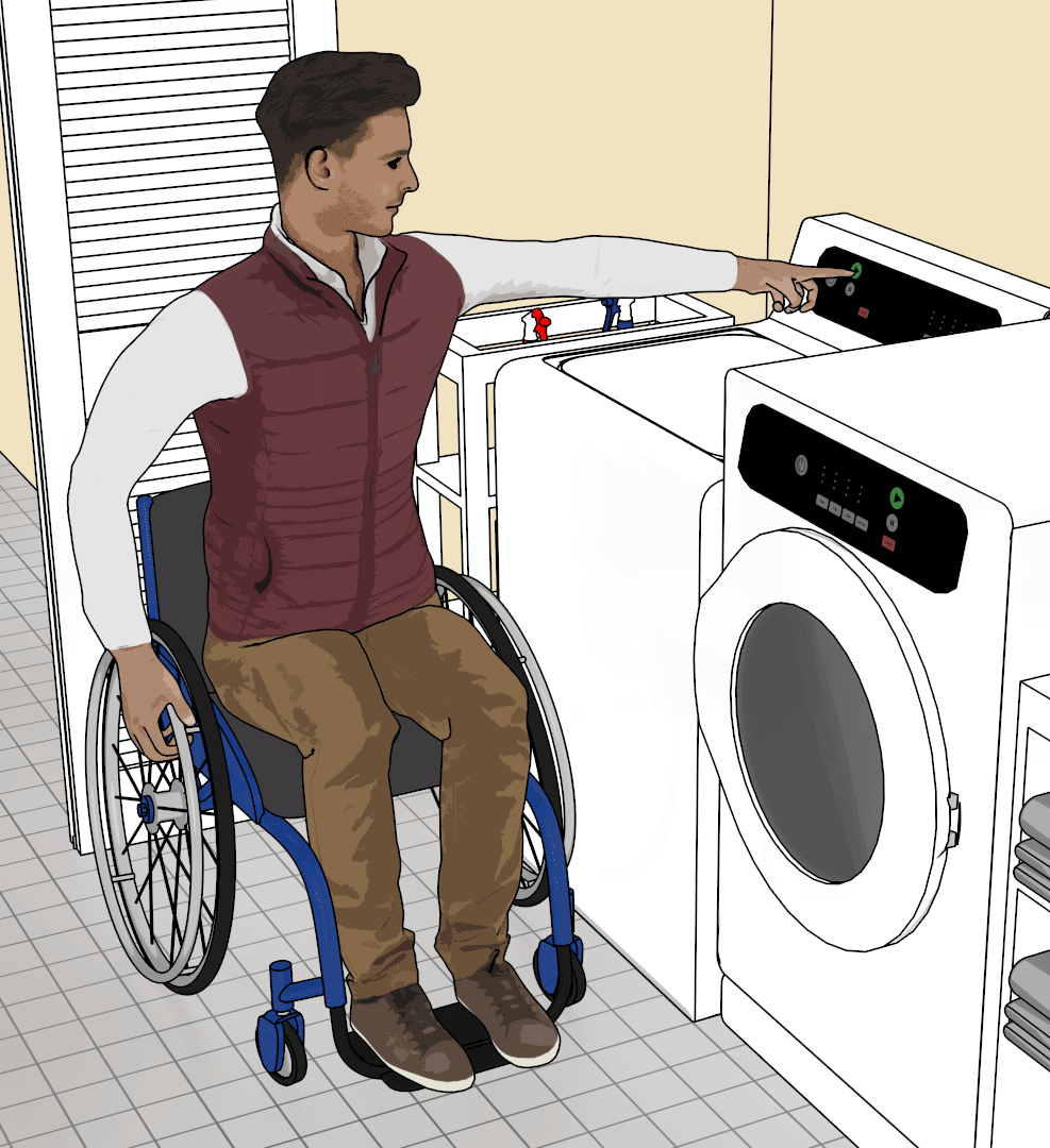 Perspective view of person using wheelchair in front of a top-loading washing machine and reaching over the closed door to use the rear controls.