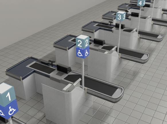 Grocery checkout aisles with ISA beneath aisle numbers for some of the checkout counters.