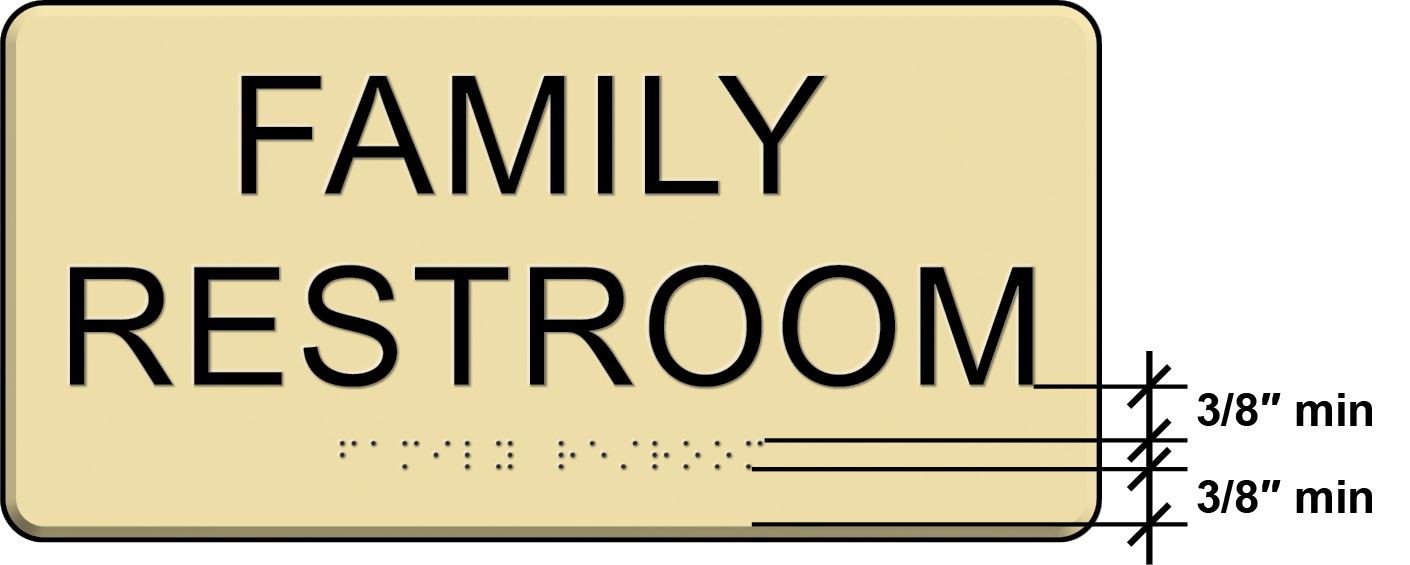 FAMILY RESTROOM sign with dimension lines showing space between raised characters and braille, and distance between braille and the border of the sign.
