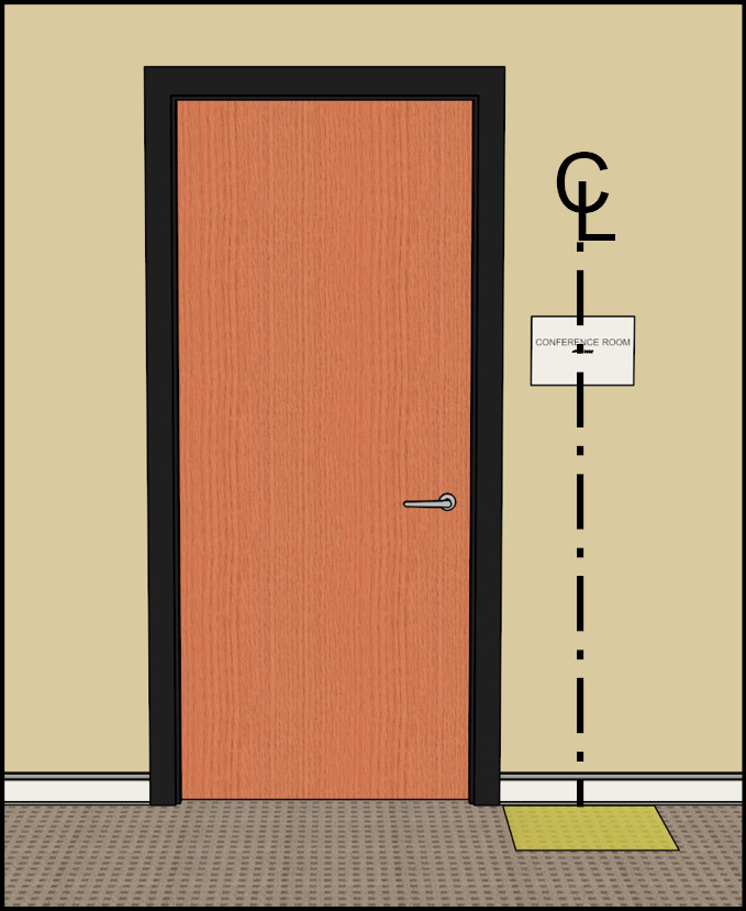 Door with adjacent sign and square on ground next to door frame centered to the sign.