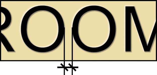 Dimension line identifying closest point between two letters, the O O between R and M.