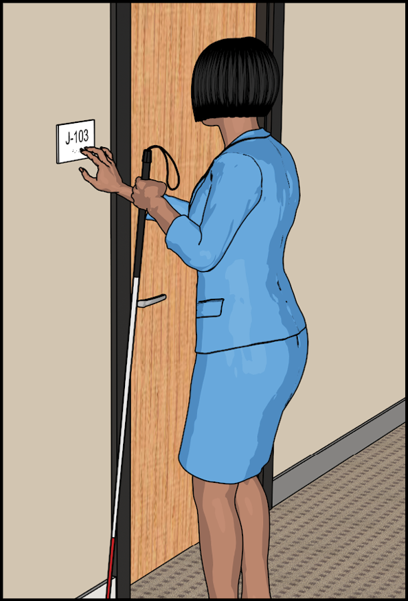 Woman with long white cane at closed door, touching small sign next to the door.