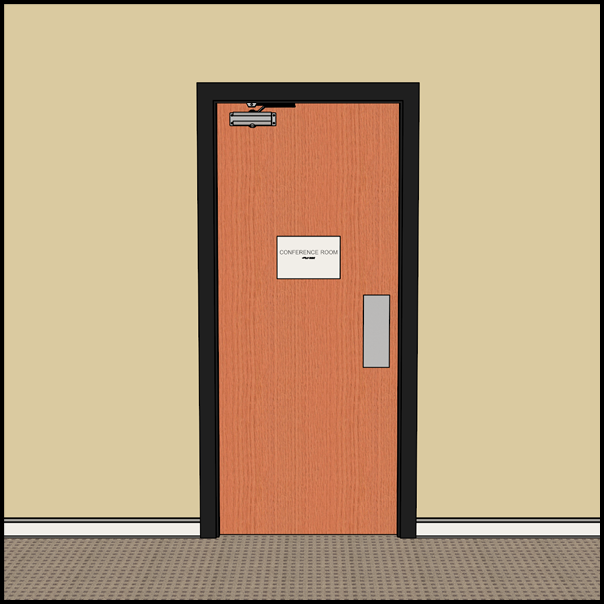 sign on face of single door with closer and push-plate