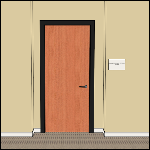 Recessed single door without enough latch side clearance for sign.  Sign is located on adjacent parallel wall.