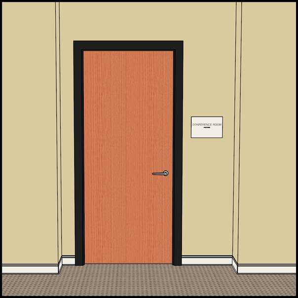 Recessed single door with enough space for sign on wall adjacent to latch side of door.