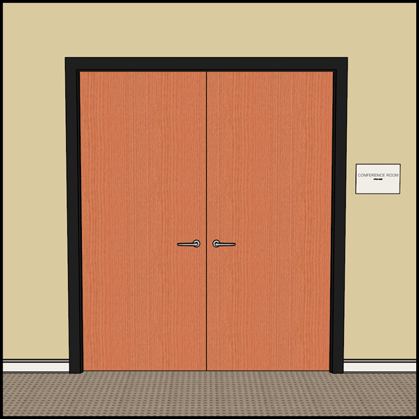 double leaf door with handles on each leaf and sign on wall right of door.
